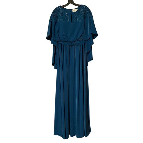 Sachin & Babi Size 2 NWT Moroccan Blue Crepe Embroidered Wren Cape Maxi Gown - Picture 4 of 12